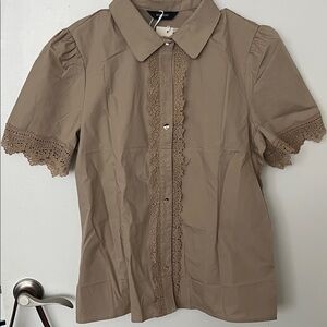 Elegant Tan Lace Trim Blouse